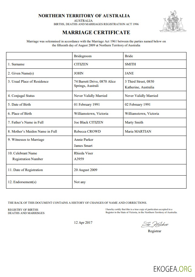 Modèle de certificat de mariage Australie Territoire du Nord de l'Australie dans Word